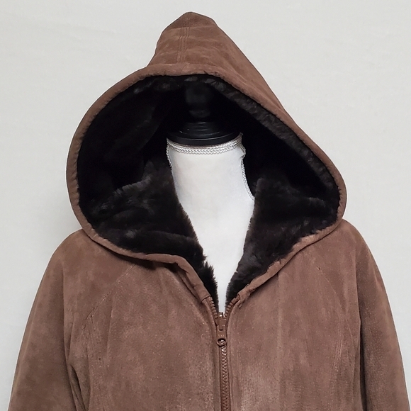 VINTAGE Hamilton Manor Reversible Suede Leather Sherpa Hooded Oversized Jacket - Picture 7 of 16